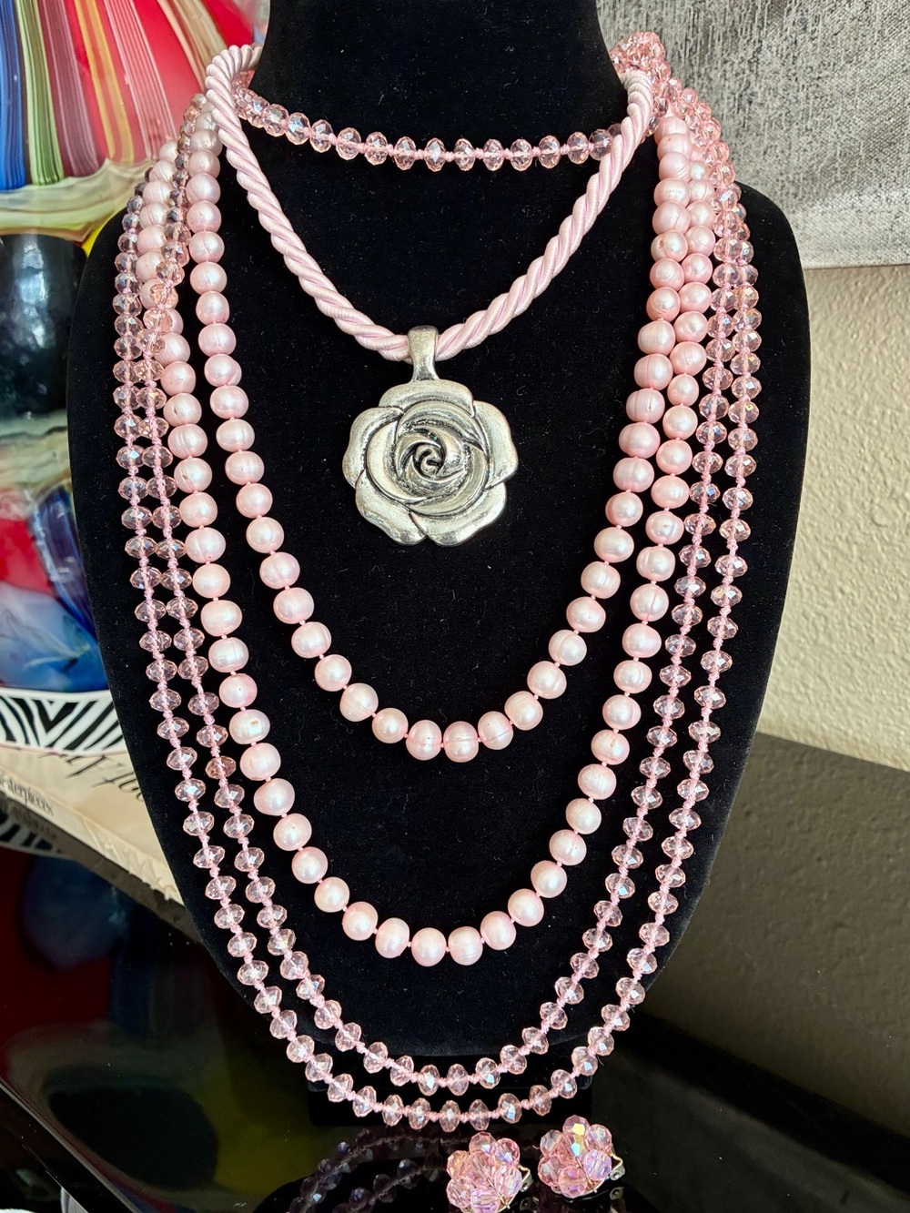5 pc VINTAGE SET: NOS Pendant/choker Cord/Crystals 80”& Pearls 54”, + earrings!